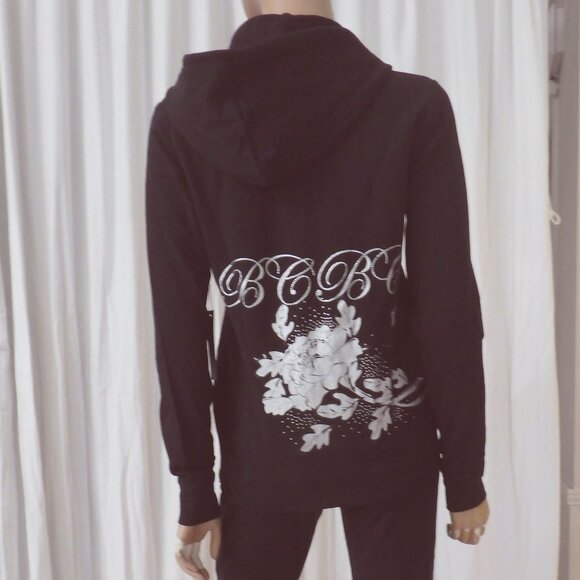 NWT BCBG sz SM MED LG XL 95% cotton BLK SILVER FOIL ROSE BUTTERFLY 2PC TRACKSUIT - Picture 1 of 15